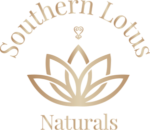 Southern Lotus Naturals logo: a lotus and sankofa adrinka symbol with the words Southern Lotus Naturals, which is a company that creates handmade artisan soap bath, body,  and home products 